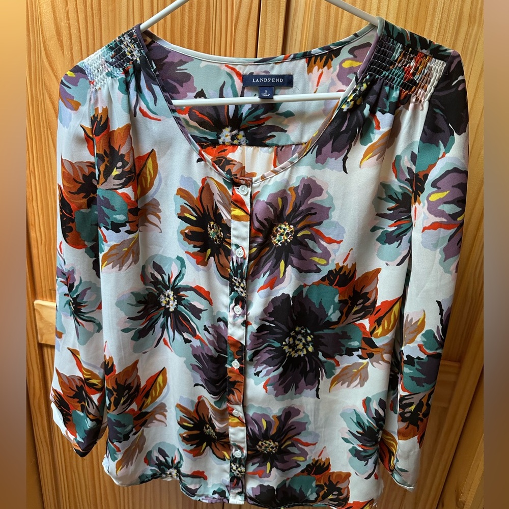 Lands' End Women's Floral Blouse - Black, Orange, Green